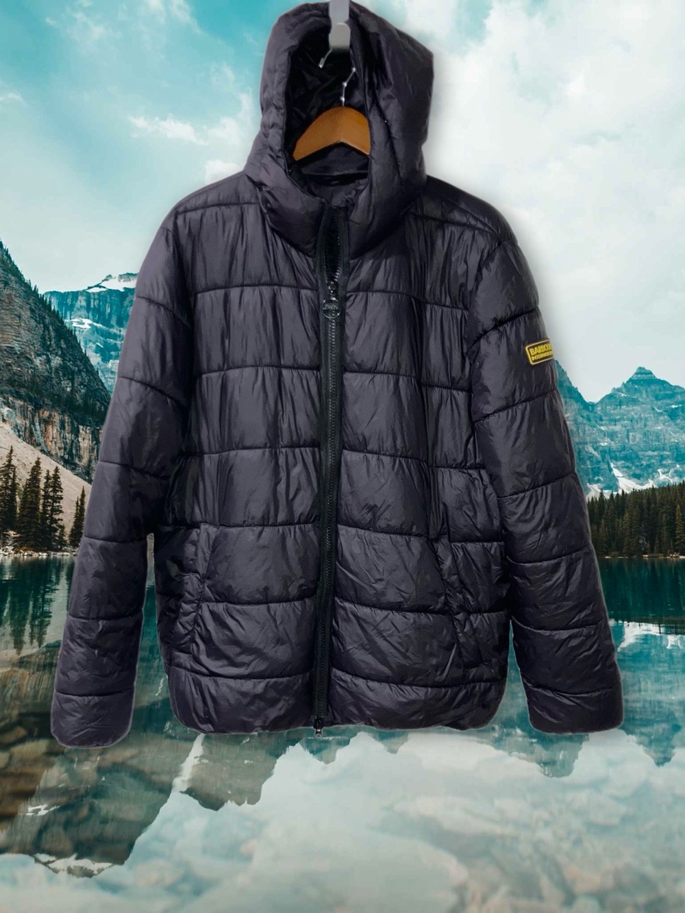 Barbour International Fibre Down Black Puffer Jacket Coat Hoodie L